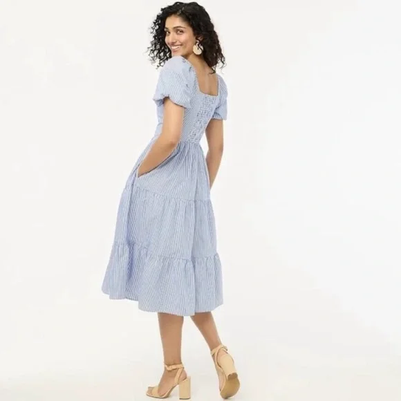 J Crew Midi Dress SZ 6 Blue White Striped Short Puff Sleeve Smocked Milkmaid - Picture 2 of 7
